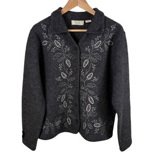 Vtg‎ Studio Works Gray Wool Embroidered Cardigan Women's L Scandi Cottagecore